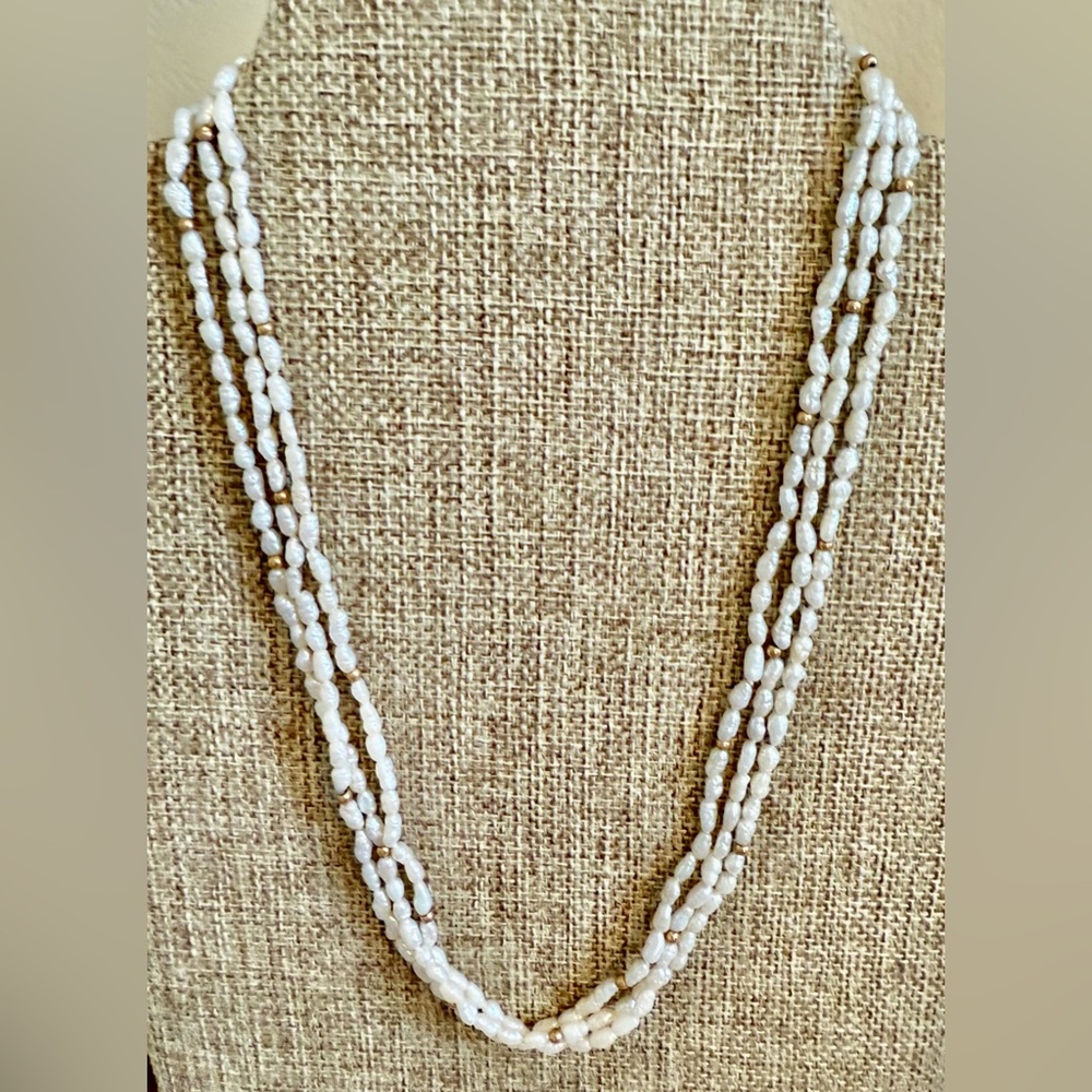 Vintage White Freshwater Pearl (3) Strand 14k Gold Beaded Necklace 16 inches